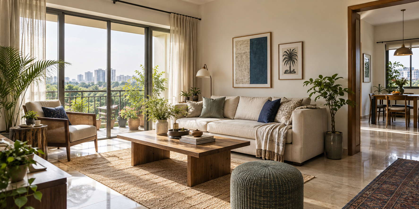 Sunlit living space with plants and warm natural finishes